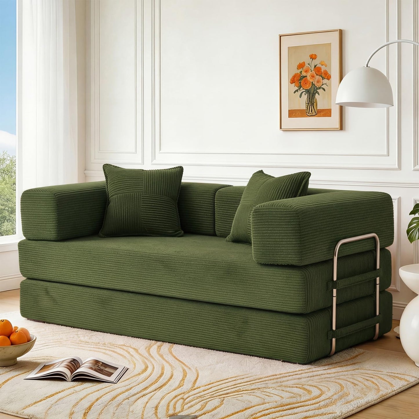 Vipbear rahmenloses Sofa, 160 cm, mit Schaumstoff und Federn, für Schlafzimmer, Orange | Cord, 5-in-1 vielseitig, faltbar