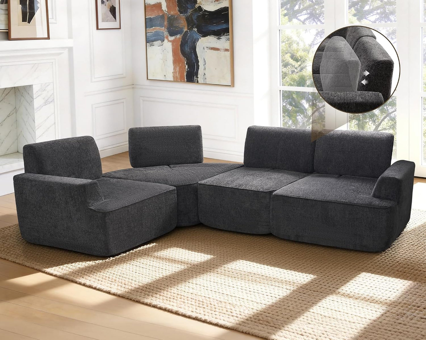 LUXOAK 295 cm 4-Sitzer Wohnlandschaft, Chenille Sofa, Cloud-Design, Grau | Verstellbare Sitztiefe 57/88 cm, Modulares Design, Platzsparende Lieferung, Memory-Schaum Komfort, Einfache Montage