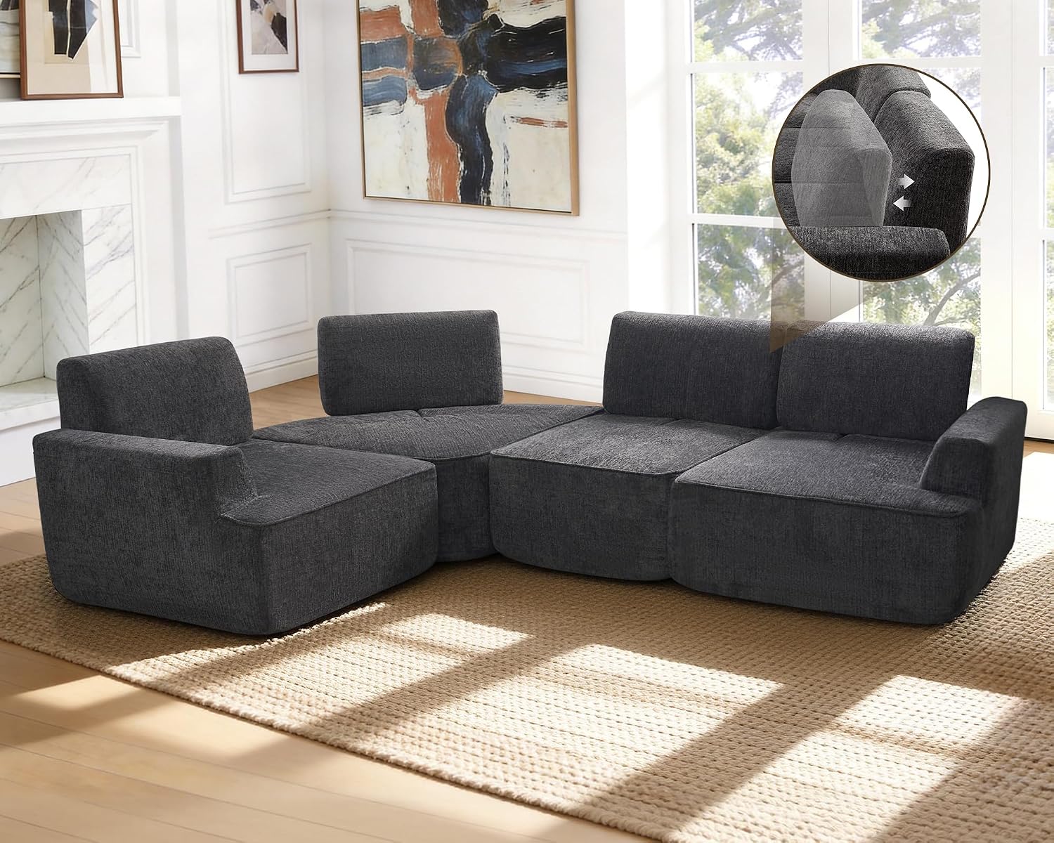 LUXOAK 295 cm 4-Sitzer Wohnlandschaft, Chenille Sofa, Cloud-Design, Grau | Verstellbare Sitztiefe 57/88 cm, Modulares Design, Platzsparende Lieferung, Memory-Schaum Komfort, Einfache Montage