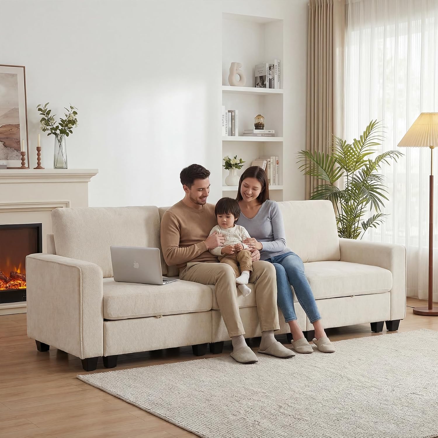 GRAVFORCE Ecksofa mit Stauraum unter jedem Sitz 251cm 3 Sitzer Modulares Sofa mit 1 Hocker Couch Wohnzimmer mit Ablagefächern U-Form Sofa für Wohnung Büro Chenille Beige