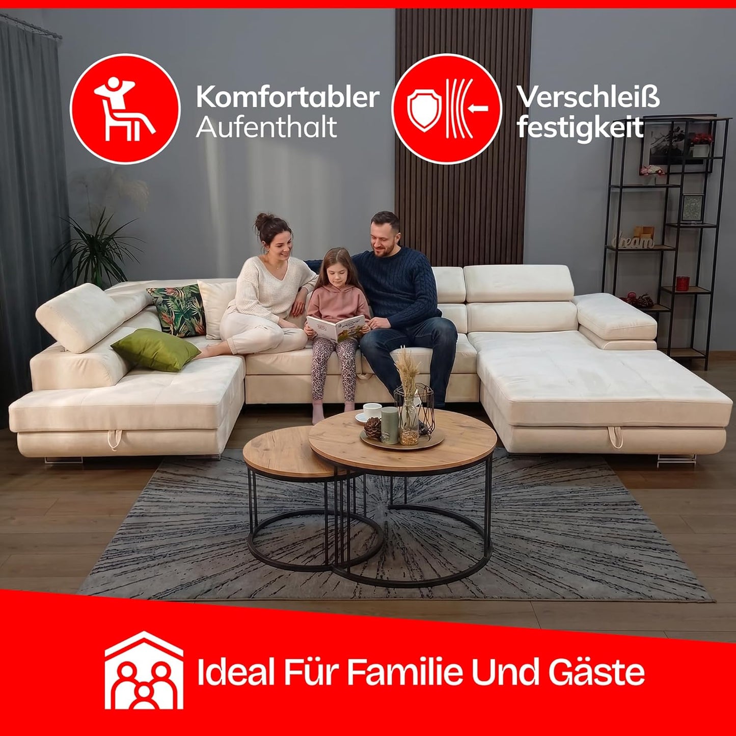 U-Form Sofa Rodos 345x202x90 cm, Schlaffunktion, Beige, Rechts | U-Form Sofa, Modern Couch mit mit Bettkasten, Weiches Ecksof fürs Wohnzimmer, Schlafsofa, Eleganter Monolith-Stoff