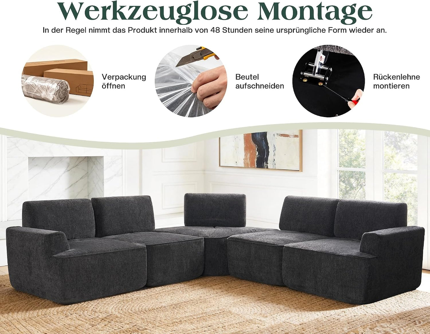 LUXOAK 295 cm 4-Sitzer Wohnlandschaft, Chenille Sofa, Cloud-Design, Grau | Verstellbare Sitztiefe 57/88 cm, Modulares Design, Platzsparende Lieferung, Memory-Schaum Komfort, Einfache Montage