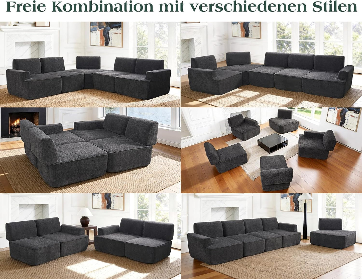 LUXOAK 295 cm 4-Sitzer Wohnlandschaft, Chenille Sofa, Cloud-Design, Grau | Verstellbare Sitztiefe 57/88 cm, Modulares Design, Platzsparende Lieferung, Memory-Schaum Komfort, Einfache Montage