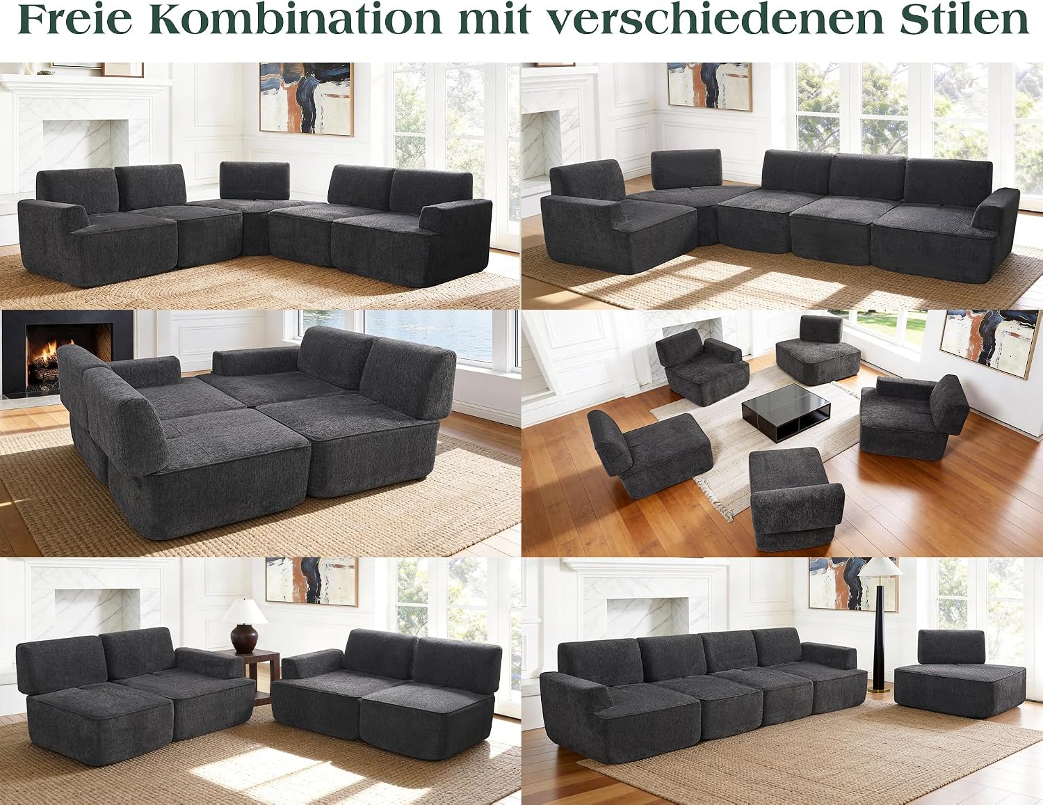 LUXOAK 295 cm 4-Sitzer Wohnlandschaft, Chenille Sofa, Cloud-Design, Grau | Verstellbare Sitztiefe 57/88 cm, Modulares Design, Platzsparende Lieferung, Memory-Schaum Komfort, Einfache Montage