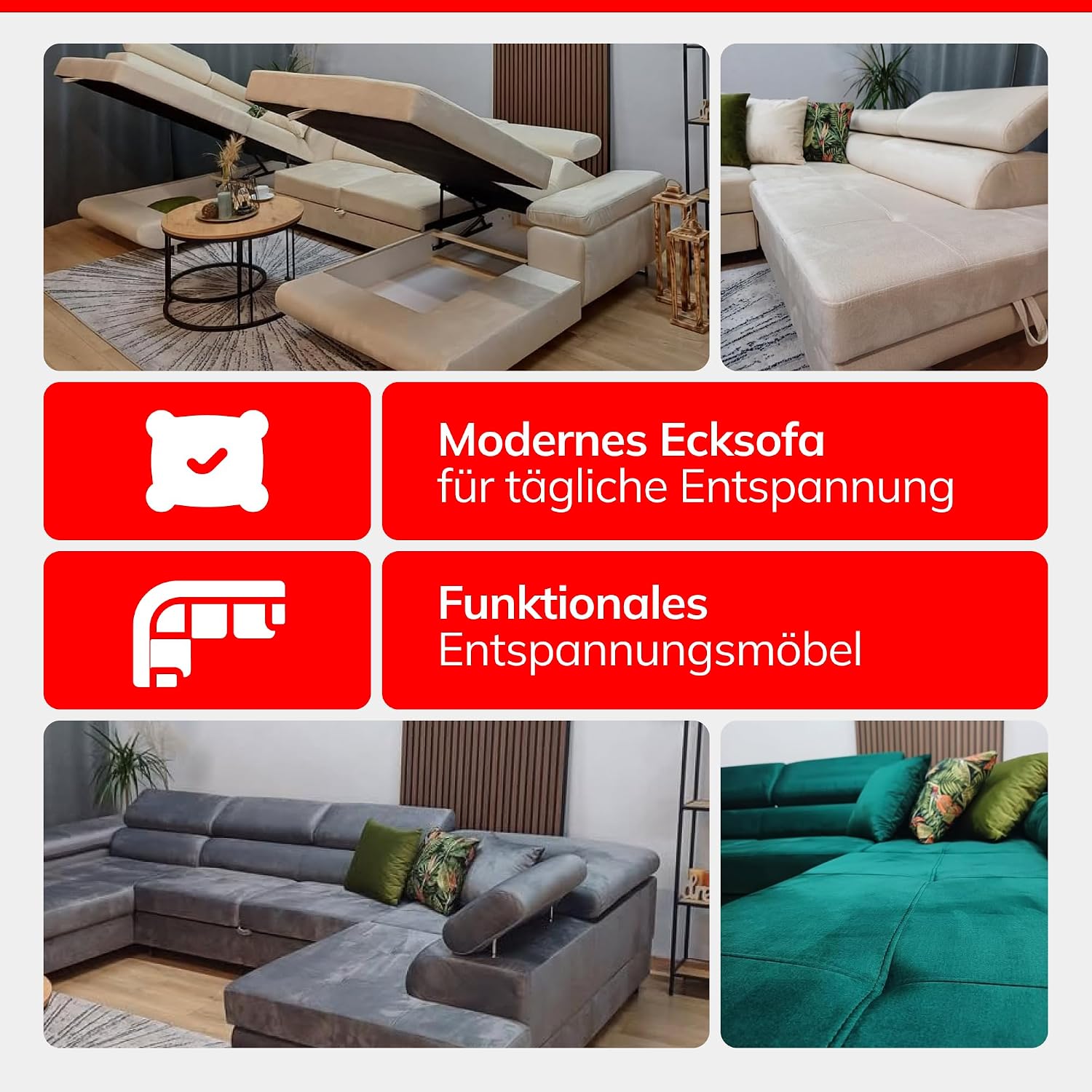 U-Form Sofa Rodos 345x202x90 cm, Schlaffunktion, Beige, Rechts | U-Form Sofa, Modern Couch mit mit Bettkasten, Weiches Ecksof fürs Wohnzimmer, Schlafsofa, Eleganter Monolith-Stoff