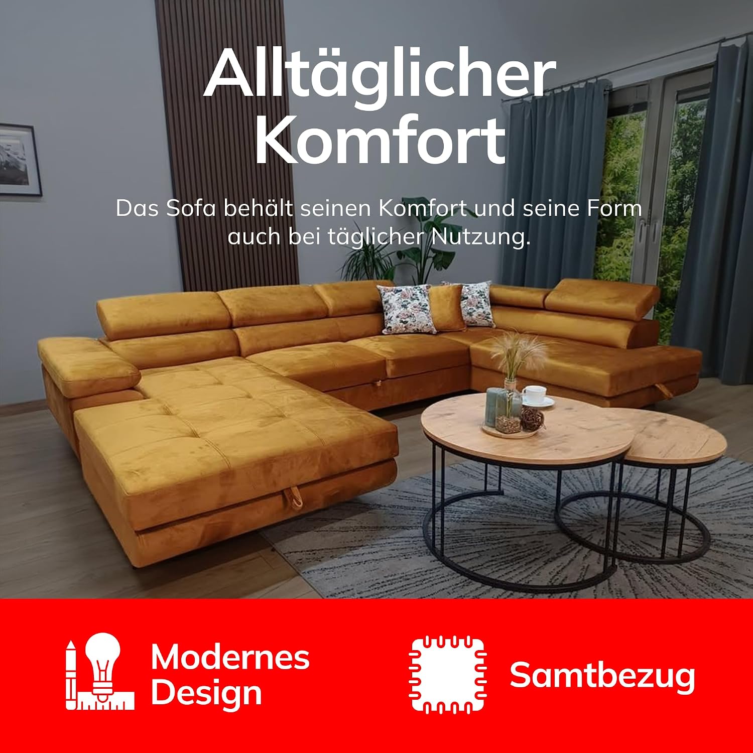 U-Form Sofa Rodos 345x202x90 cm, Schlaffunktion, Beige, Rechts | U-Form Sofa, Modern Couch mit mit Bettkasten, Weiches Ecksof fürs Wohnzimmer, Schlafsofa, Eleganter Monolith-Stoff