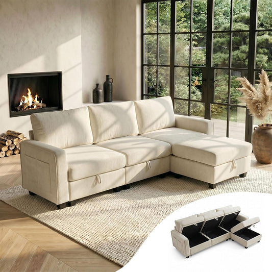 GRAVFORCE Ecksofa mit Stauraum unter jedem Sitz 251cm 3 Sitzer Modulares Sofa mit 1 Hocker Couch Wohnzimmer mit Ablagefächern U-Form Sofa für Wohnung Büro Chenille Beige