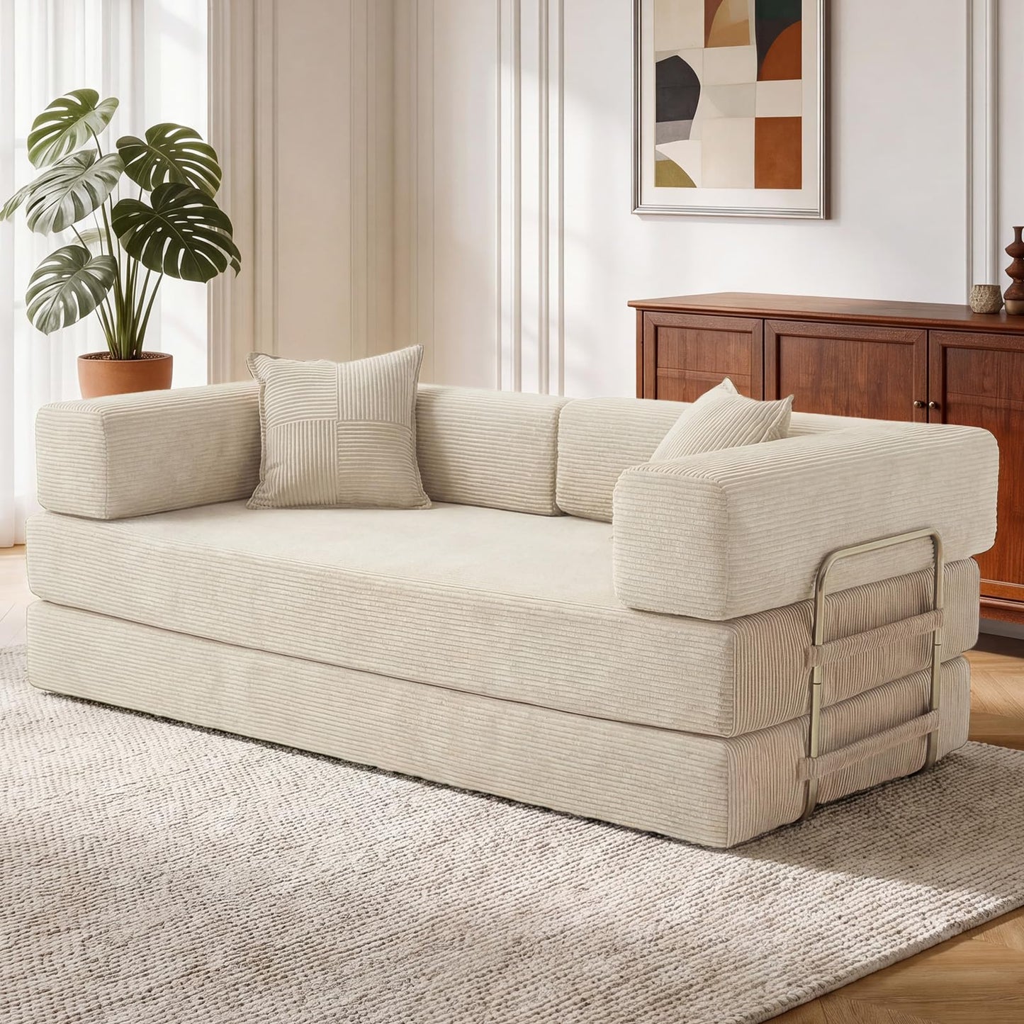 Vipbear rahmenloses Sofa, 160 cm, mit Schaumstoff und Federn, für Schlafzimmer, Orange | Cord, 5-in-1 vielseitig, faltbar