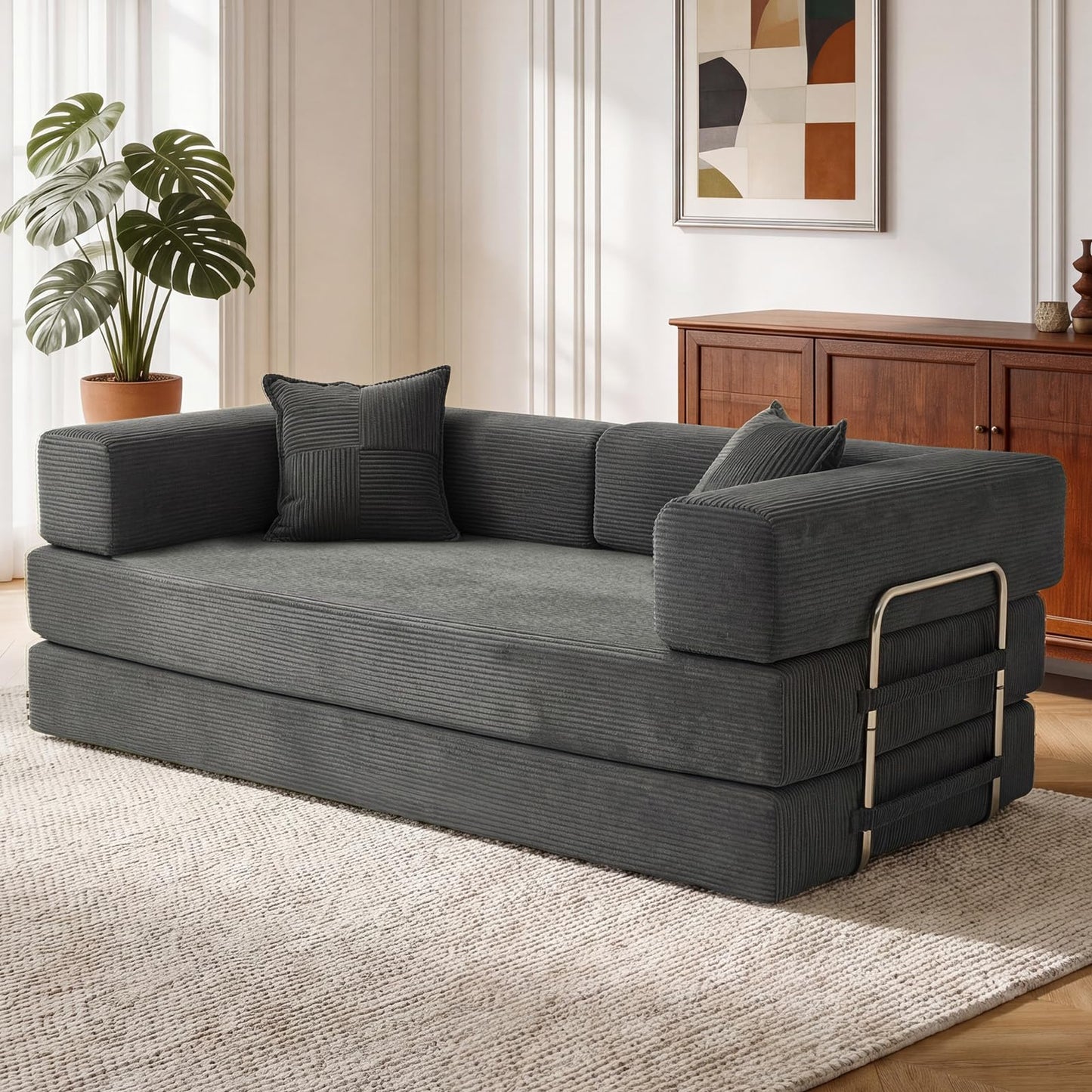 Vipbear rahmenloses Sofa, 160 cm, mit Schaumstoff und Federn, für Schlafzimmer, Orange | Cord, 5-in-1 vielseitig, faltbar
