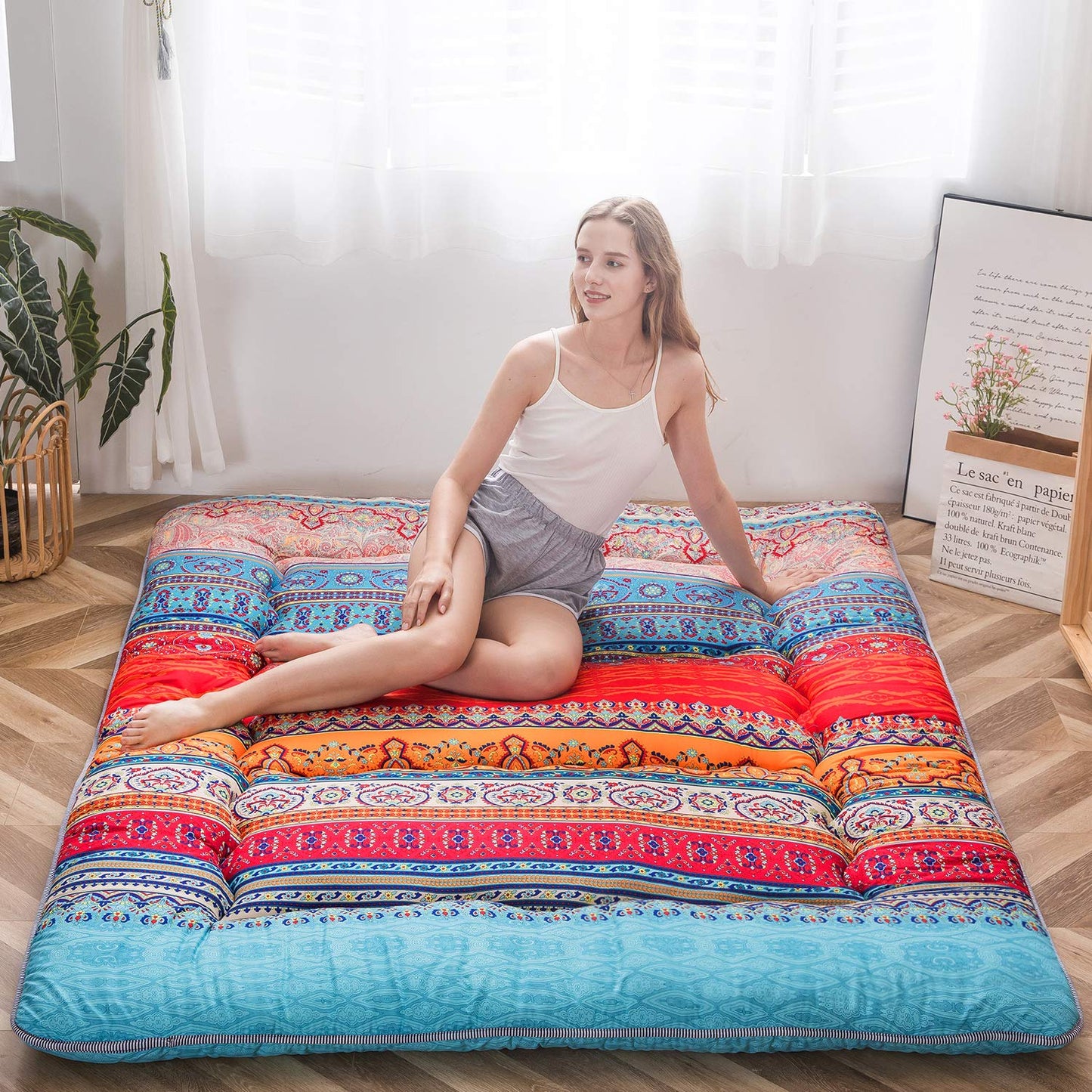 MAXYOYO Sitzsack-Bett, faltbar, Cordsamt, Schlafsofa, Bodenmatratze für Erwachsene, extra dick, 4-Fach gefaltet, Bodencouch für Schlafzimmer, Wohnzimmer, Beige, 75 x 240 cm