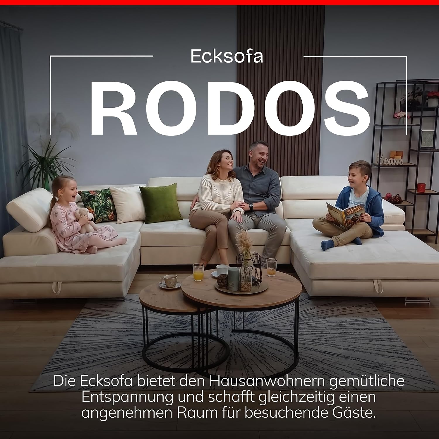 U-Form Sofa Rodos 345x202x90 cm, Schlaffunktion, Beige, Rechts | U-Form Sofa, Modern Couch mit mit Bettkasten, Weiches Ecksof fürs Wohnzimmer, Schlafsofa, Eleganter Monolith-Stoff