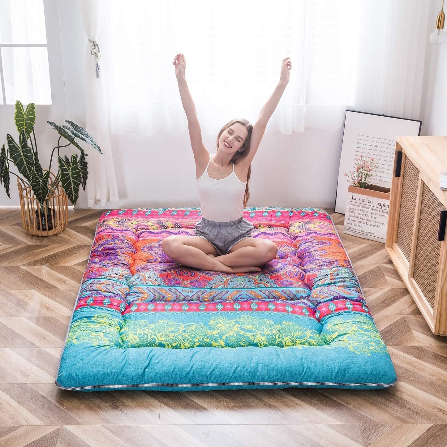 MAXYOYO Sitzsack-Bett, faltbar, Cordsamt, Schlafsofa, Bodenmatratze für Erwachsene, extra dick, 4-Fach gefaltet, Bodencouch für Schlafzimmer, Wohnzimmer, Beige, 75 x 240 cm