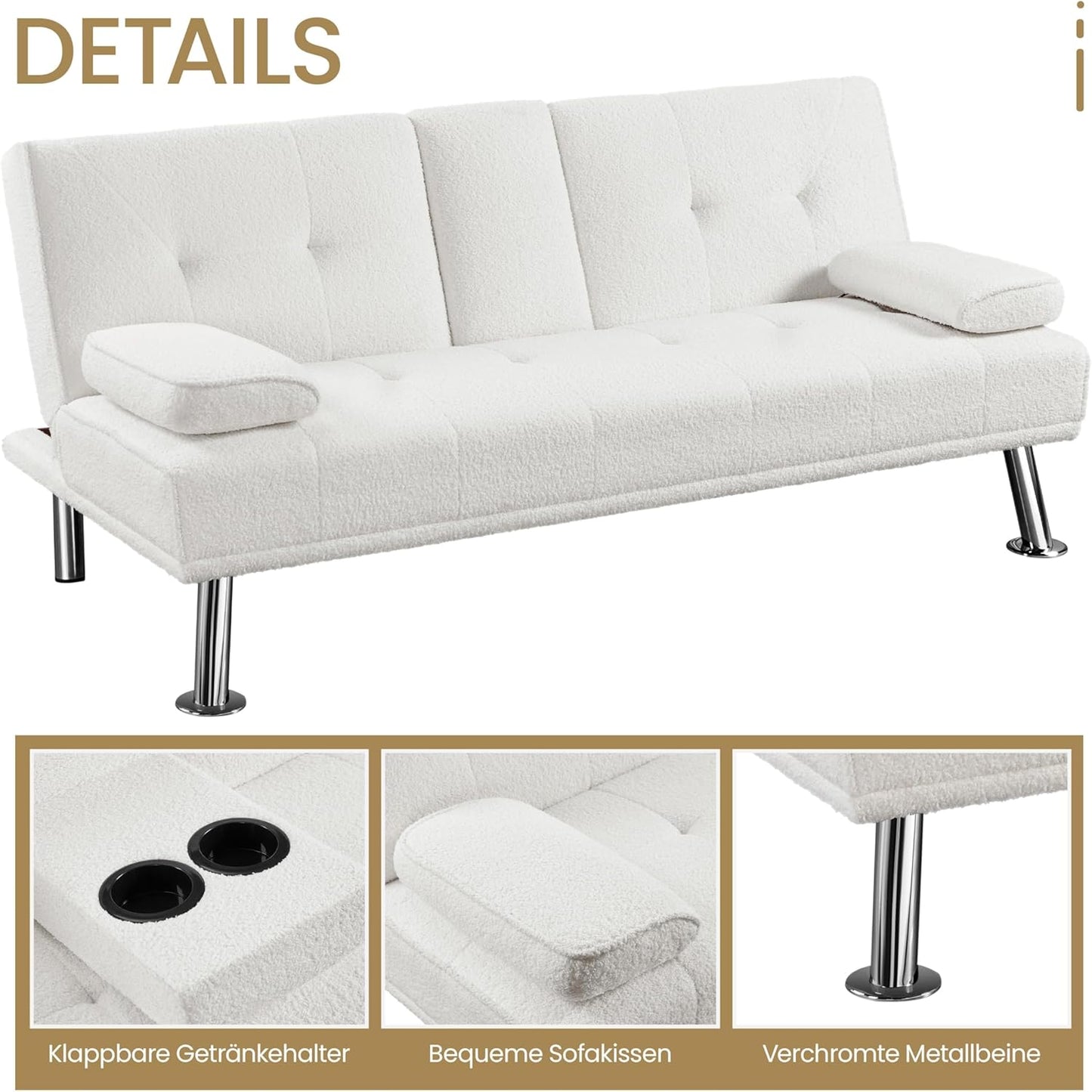 Yaheetech Schlafsofa für max. 3 Personen Gästebett Couch Sofa mit Schlaffunktion Tagesbett Bettsofa Schlafcouch Sofabett Polstersofa bis 350 kg belastbar Elfenbeinen