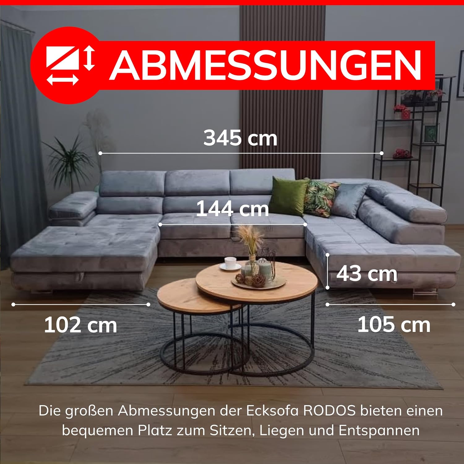 U-Form Sofa Rodos 345x202x90 cm, Schlaffunktion, Beige, Rechts | U-Form Sofa, Modern Couch mit mit Bettkasten, Weiches Ecksof fürs Wohnzimmer, Schlafsofa, Eleganter Monolith-Stoff