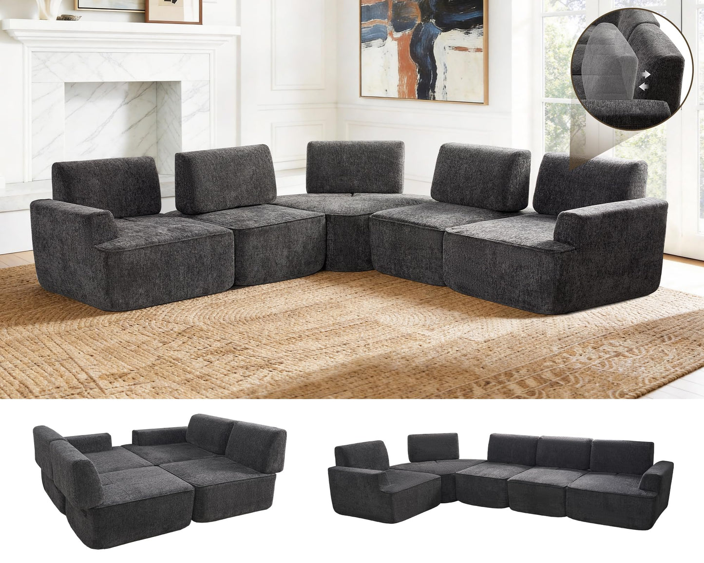 LUXOAK 295 cm 4-Sitzer Wohnlandschaft, Chenille Sofa, Cloud-Design, Grau | Verstellbare Sitztiefe 57/88 cm, Modulares Design, Platzsparende Lieferung, Memory-Schaum Komfort, Einfache Montage