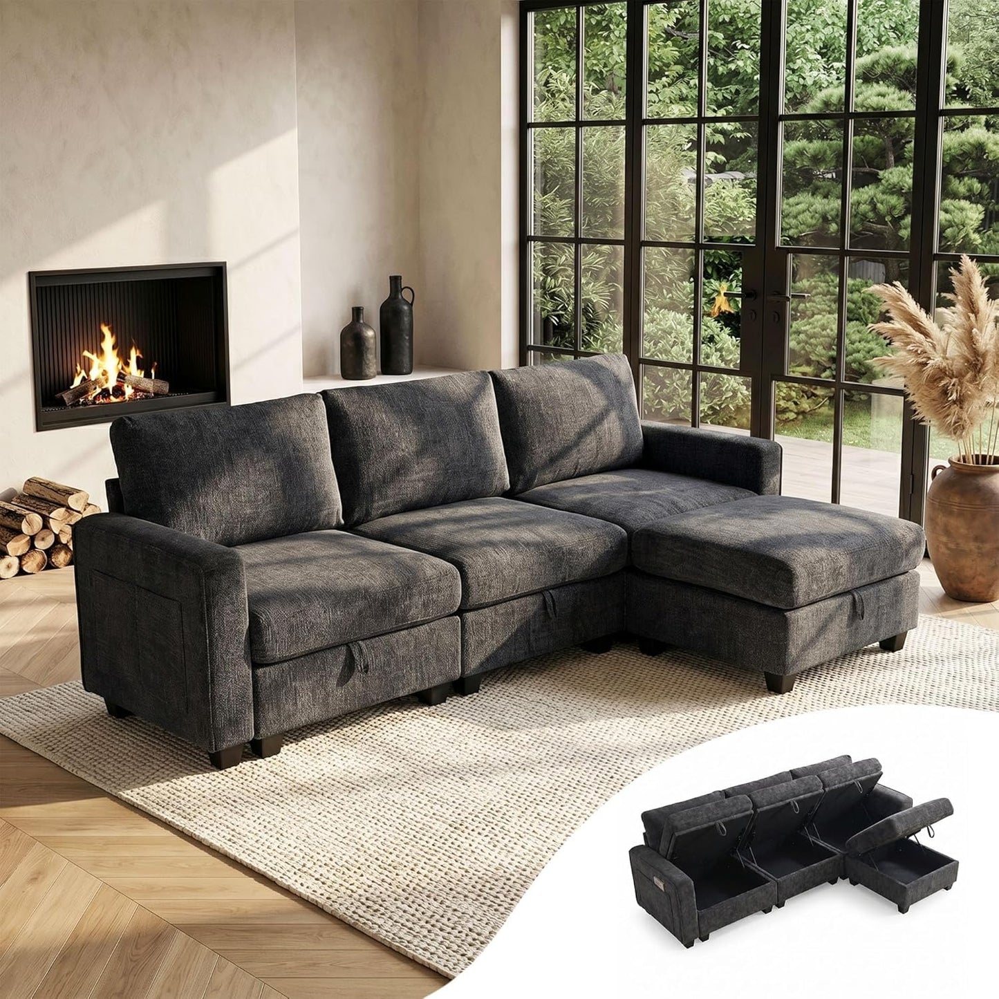 GRAVFORCE Ecksofa mit Stauraum unter jedem Sitz 251cm 3 Sitzer Modulares Sofa mit 1 Hocker Couch Wohnzimmer mit Ablagefächern U-Form Sofa für Wohnung Büro Chenille Beige