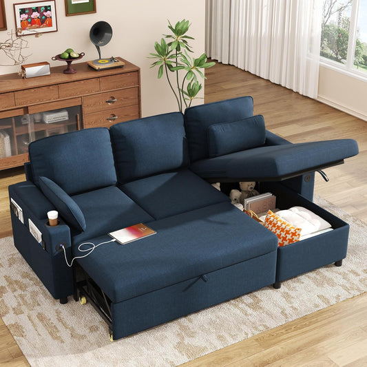DURASPACE Schlafsofa Ausziehbarer 2 in 1 Sektional Schlafsofa Couches | Mit Lagerung, USB, Cup Holder, Pullout Sektional Couches für Wohnung Wohnzimmer (Blau)